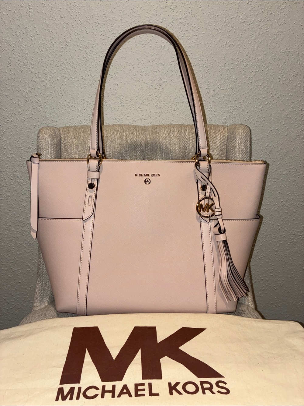 Michael Kors Light Pink Saffiano Leather Tote with Tassel Charm